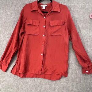 Dressbarn Silk Button-Up Blouse Top Long Sleeve Pockets Rust Red Medium